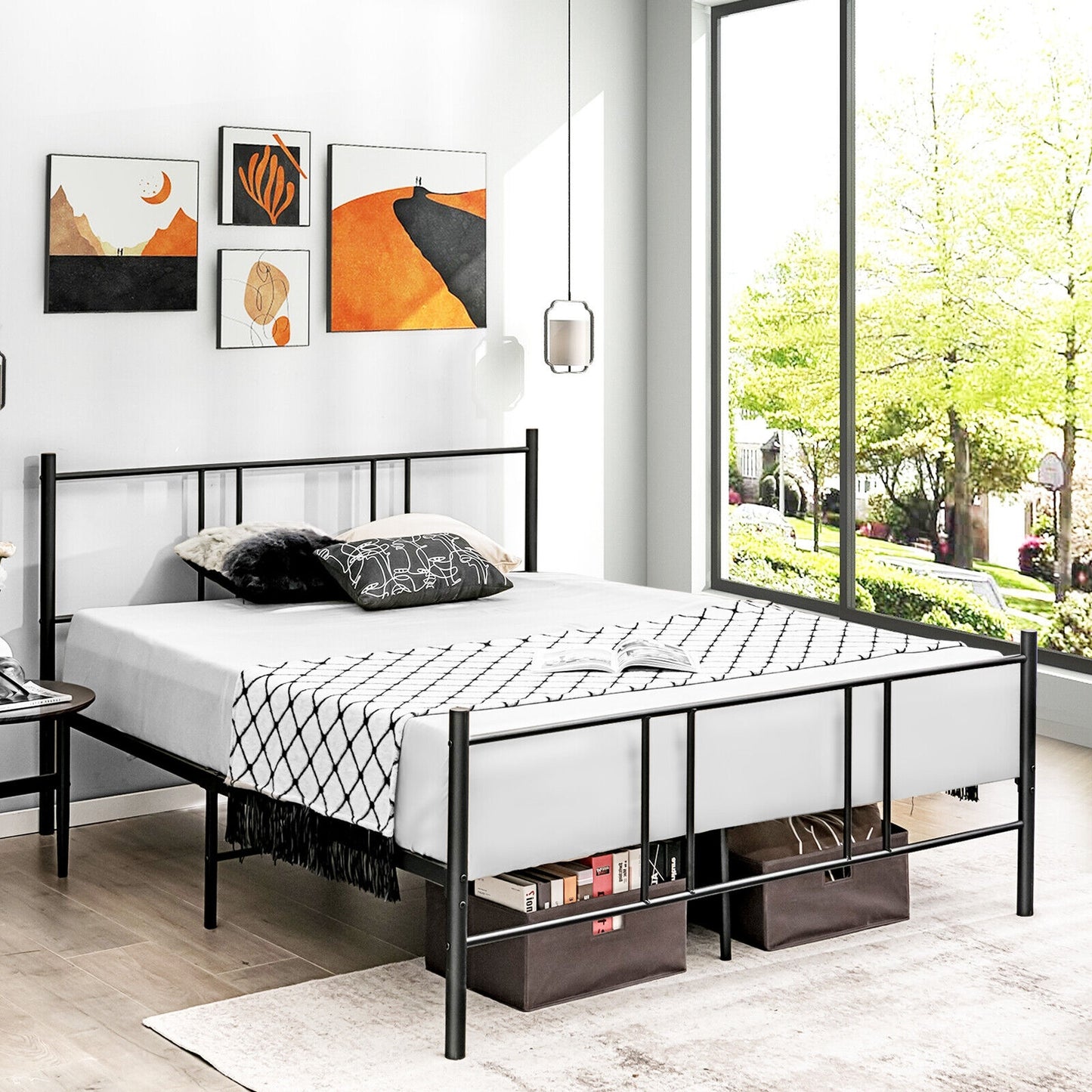 Elegant Steel Platform Bed Frame with High Headboard for Superior Comfort - Full/Queen Size