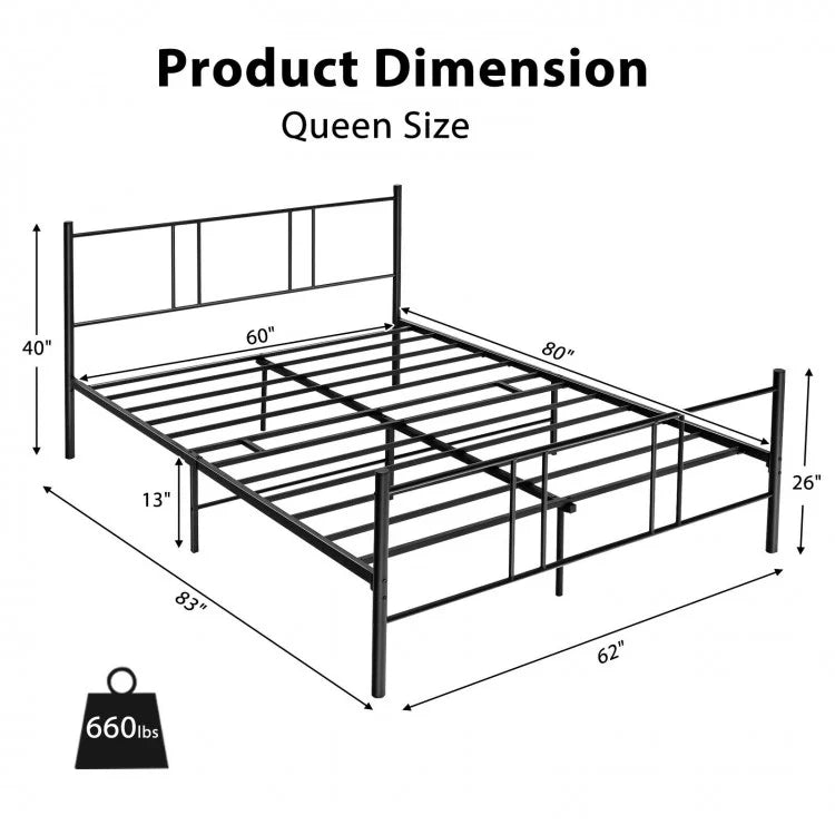 Elegant Steel Platform Bed Frame with High Headboard for Superior Comfort - Full/Queen Size