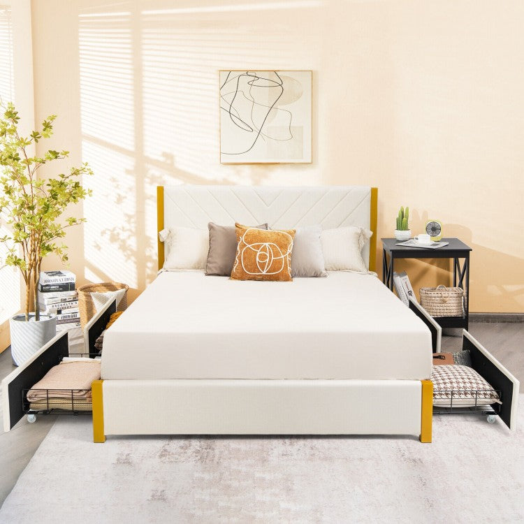 Modern Upholstered Bed Frame with Adjustable Headboard and 4 Storage Drawers - Full/Queen Size