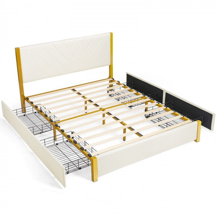 Modern Upholstered Bed Frame with Adjustable Headboard and 4 Storage Drawers - Full/Queen Size