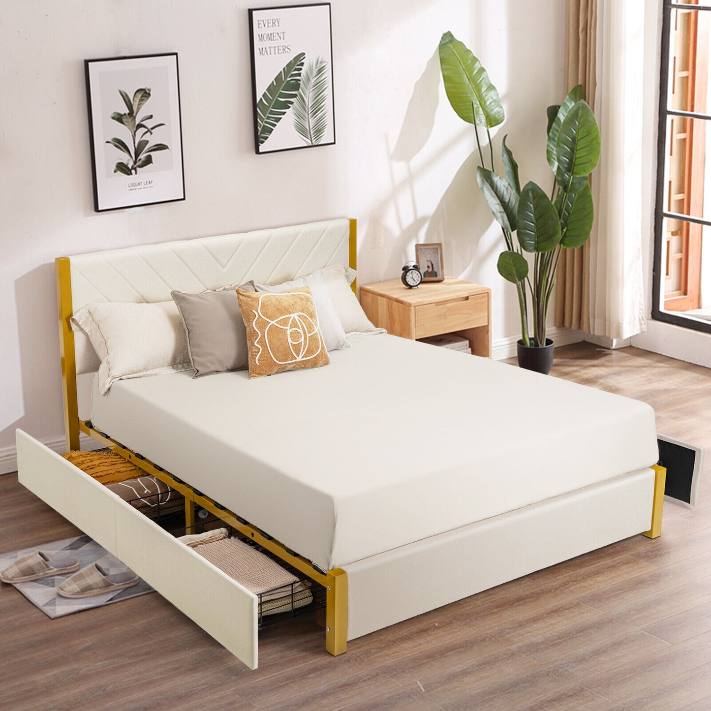 Modern Upholstered Bed Frame with Adjustable Headboard and 4 Storage Drawers - Full/Queen Size