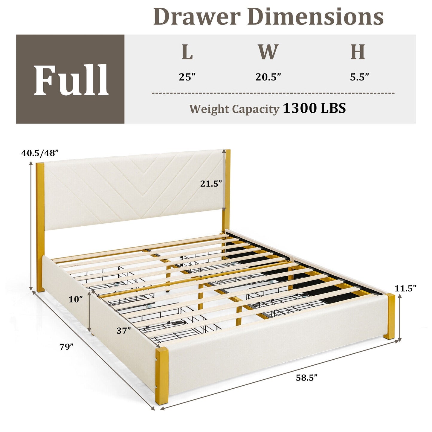 Modern Upholstered Bed Frame with Adjustable Headboard and 4 Storage Drawers - Full/Queen Size