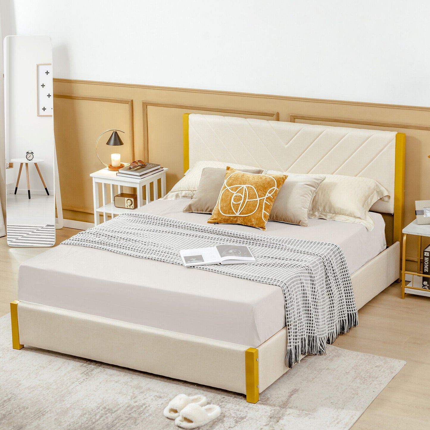 Modern Upholstered Bed Frame with Adjustable Headboard and 4 Storage Drawers - Full/Queen Size