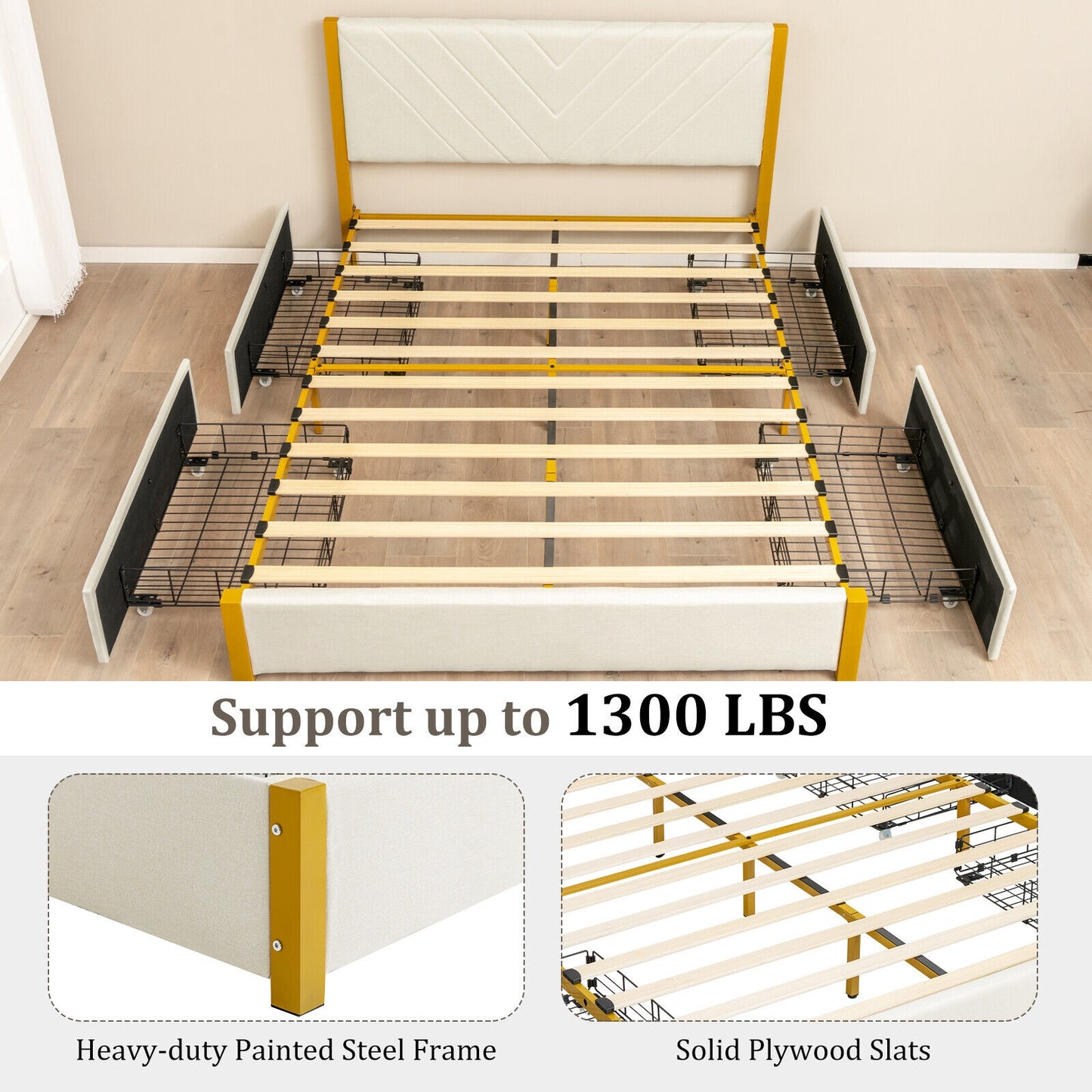 Modern Upholstered Bed Frame with Adjustable Headboard and 4 Storage Drawers - Full/Queen Size
