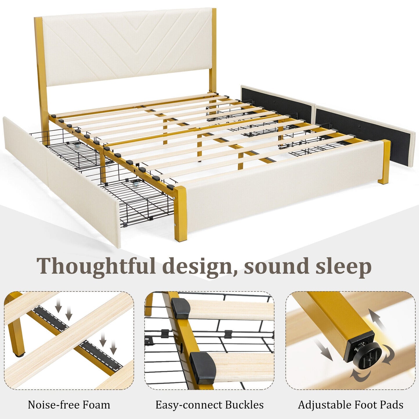 Modern Upholstered Bed Frame with Adjustable Headboard and 4 Storage Drawers - Full/Queen Size