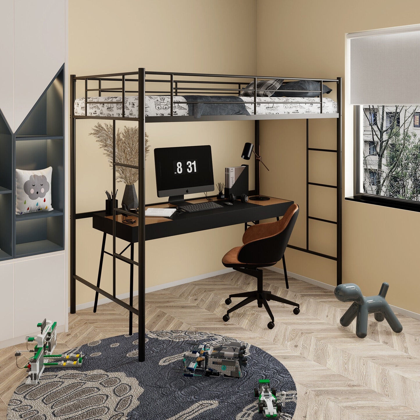 Space-Saving Twin Metal Loft Bed with Full-Length Guardrails and Dual Ladders