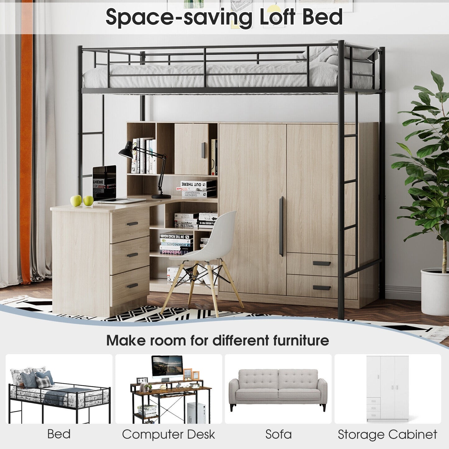 Space-Saving Twin Metal Loft Bed with Full-Length Guardrails and Dual Ladders