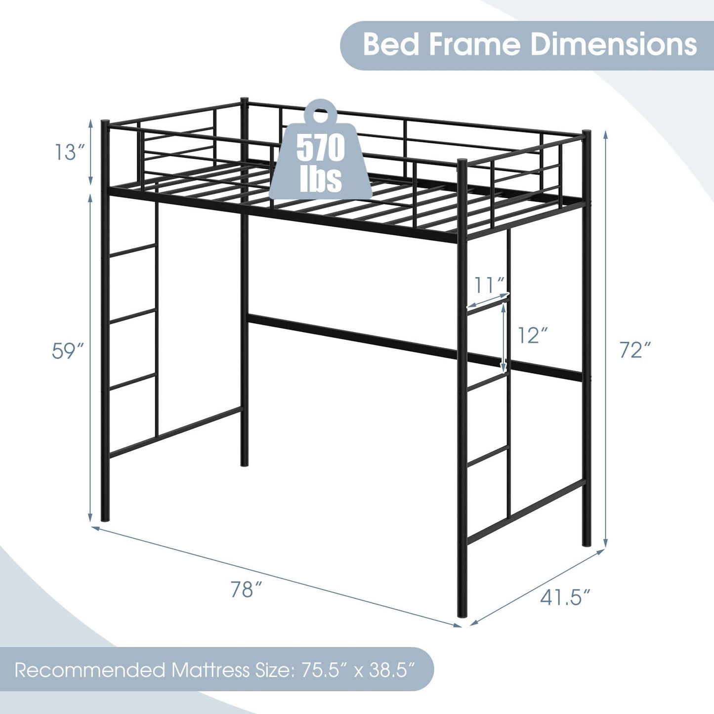 Space-Saving Twin Metal Loft Bed with Full-Length Guardrails and Dual Ladders