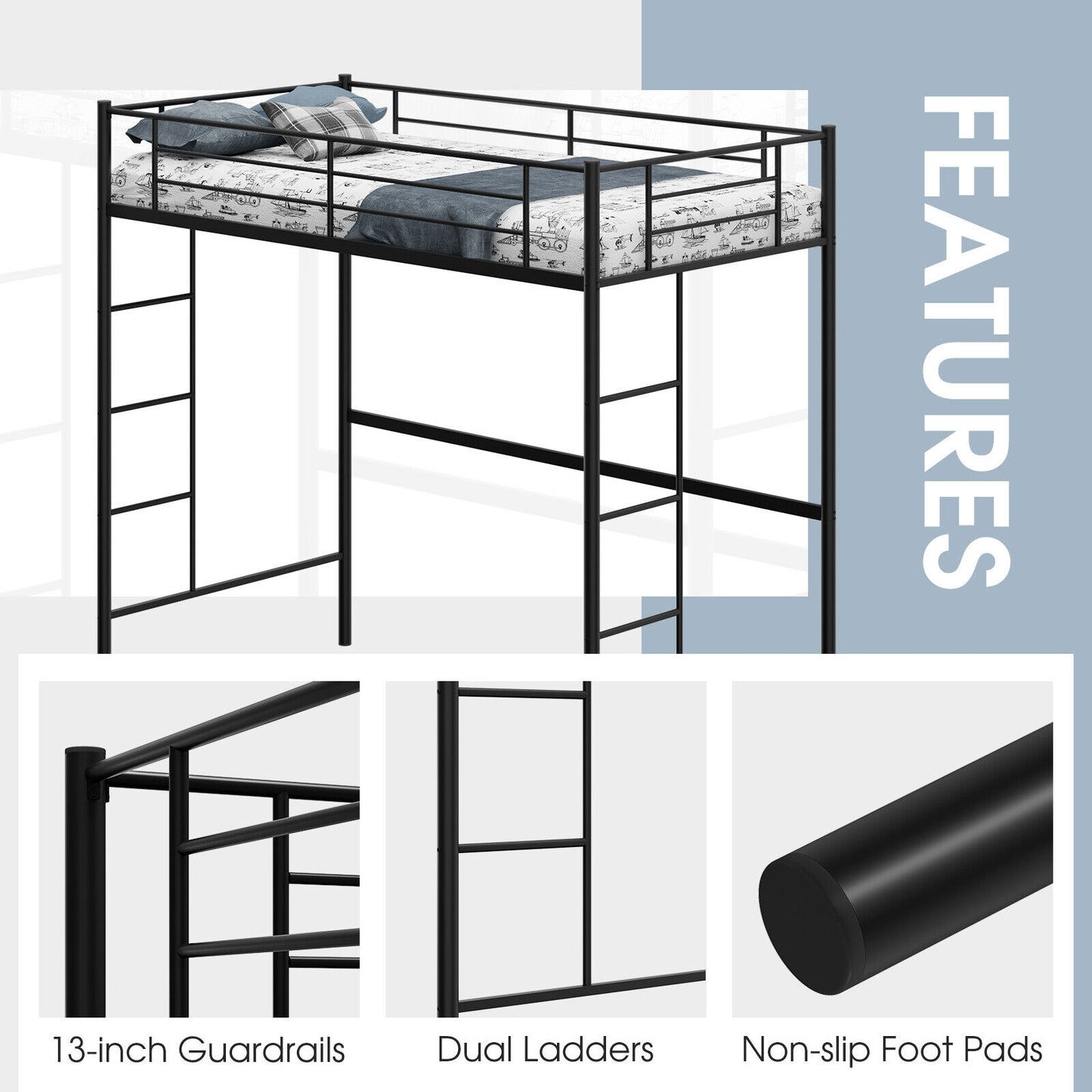 Space-Saving Twin Metal Loft Bed with Full-Length Guardrails and Dual Ladders