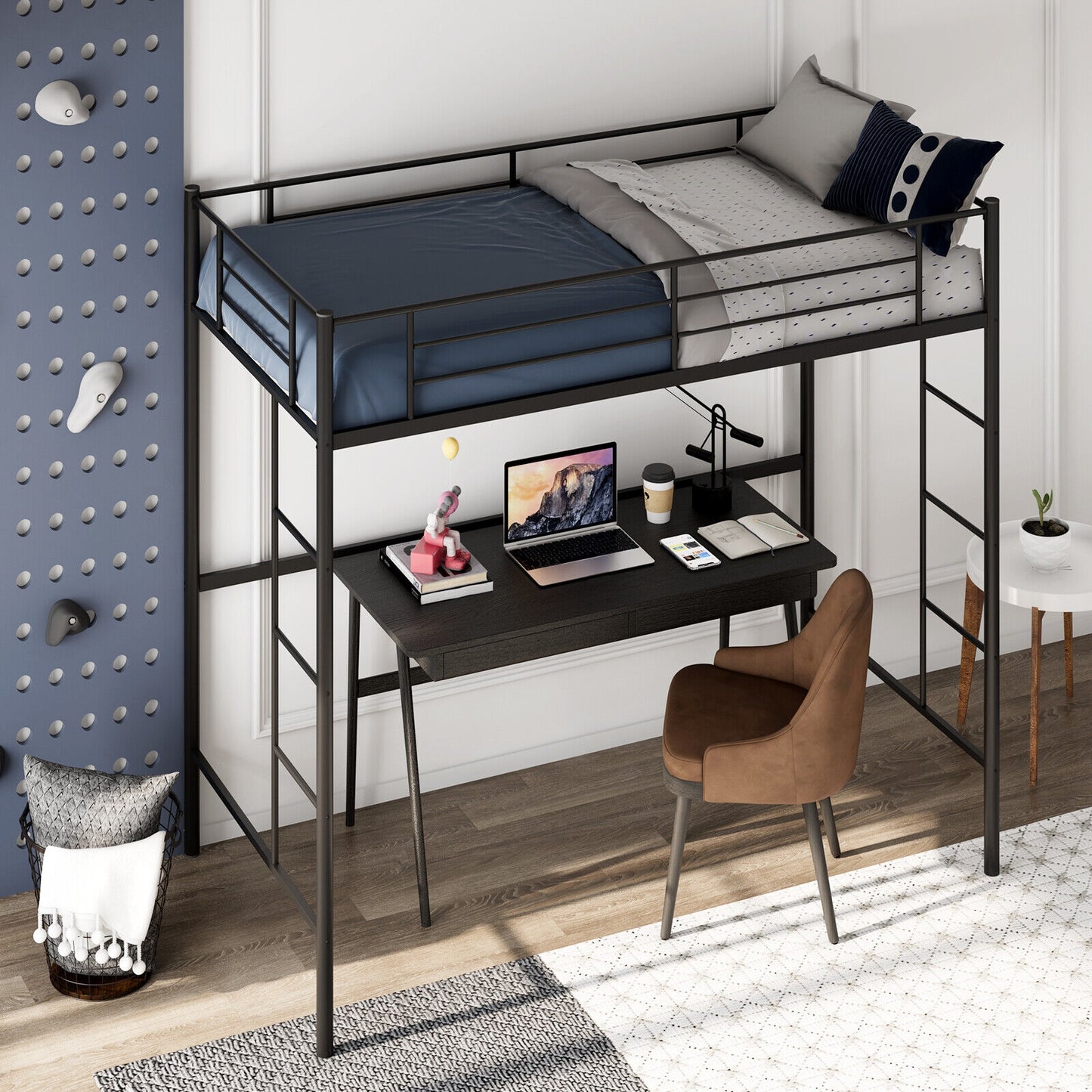 Space-Saving Twin Metal Loft Bed with Full-Length Guardrails and Dual Ladders