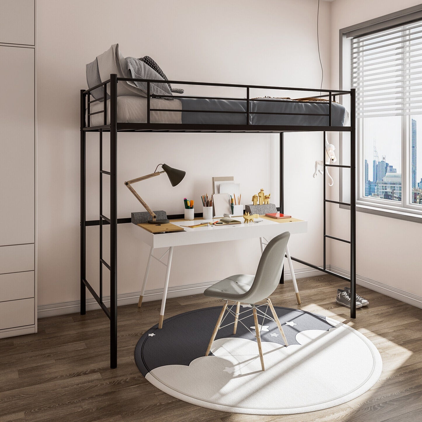 Space-Saving Twin Metal Loft Bed with Full-Length Guardrails and Dual Ladders
