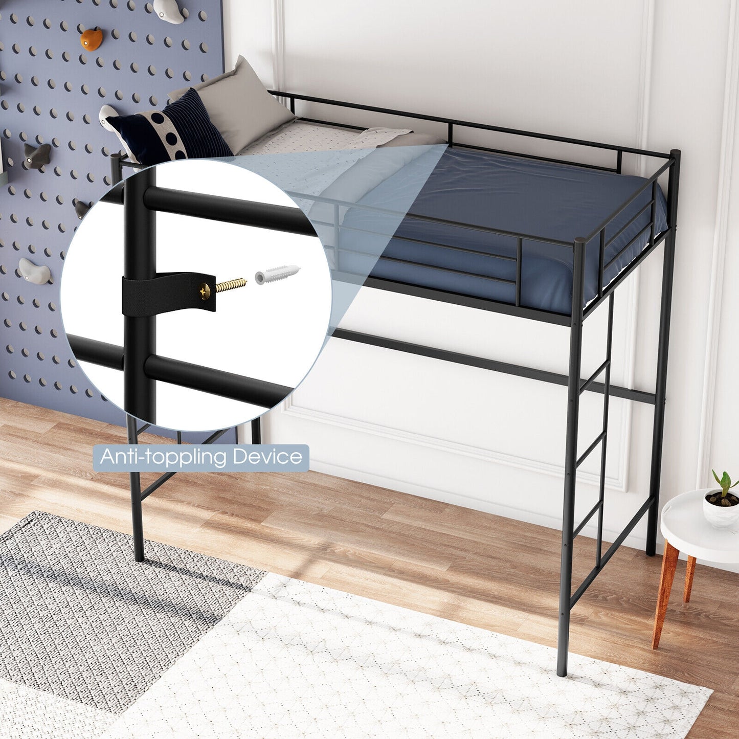 Space-Saving Twin Metal Loft Bed with Full-Length Guardrails and Dual Ladders