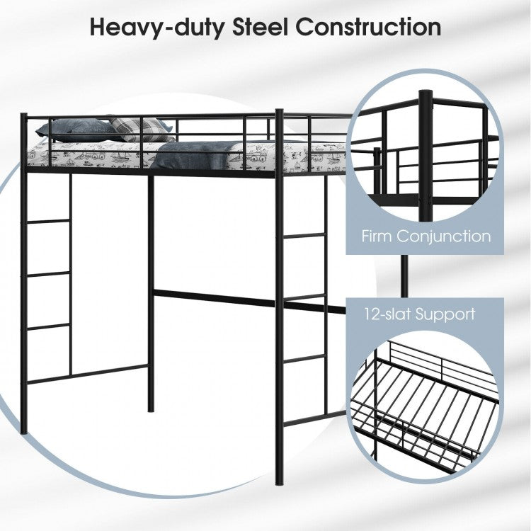 Space-Saving Twin Metal Loft Bed with Full-Length Guardrails and Dual Ladders