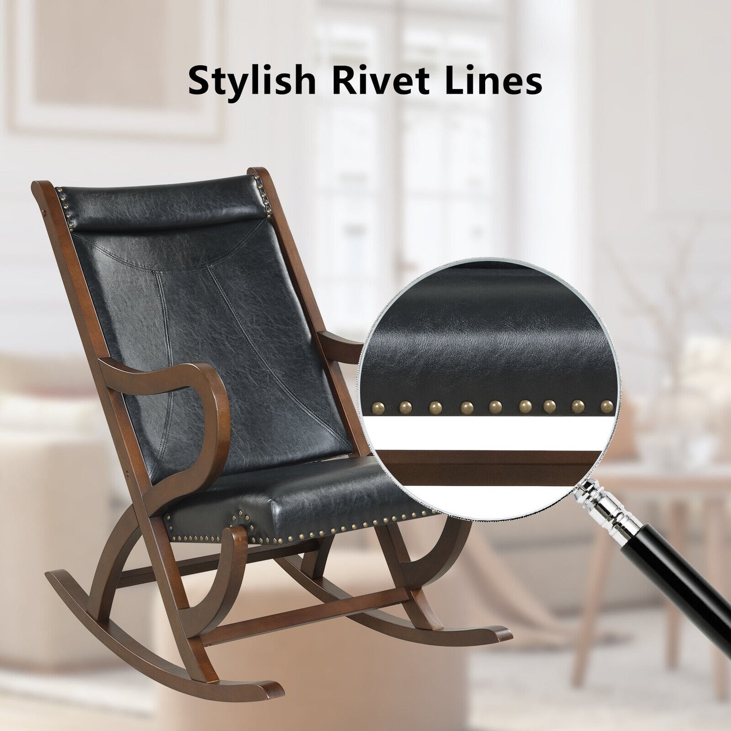 Comfortable Rocking Chair with PU Cushion and Durable Rubber Wood Frame