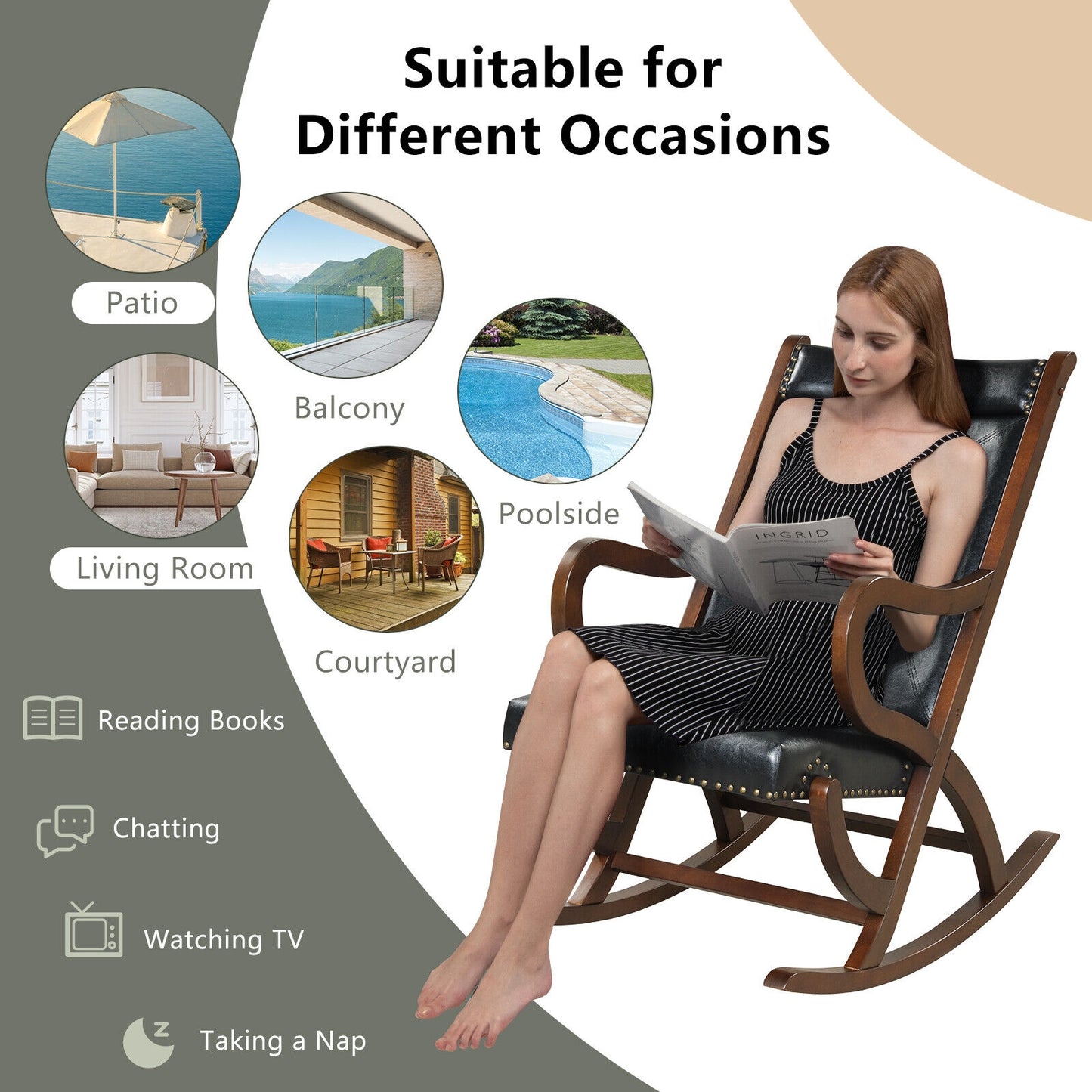 Comfortable Rocking Chair with PU Cushion and Durable Rubber Wood Frame