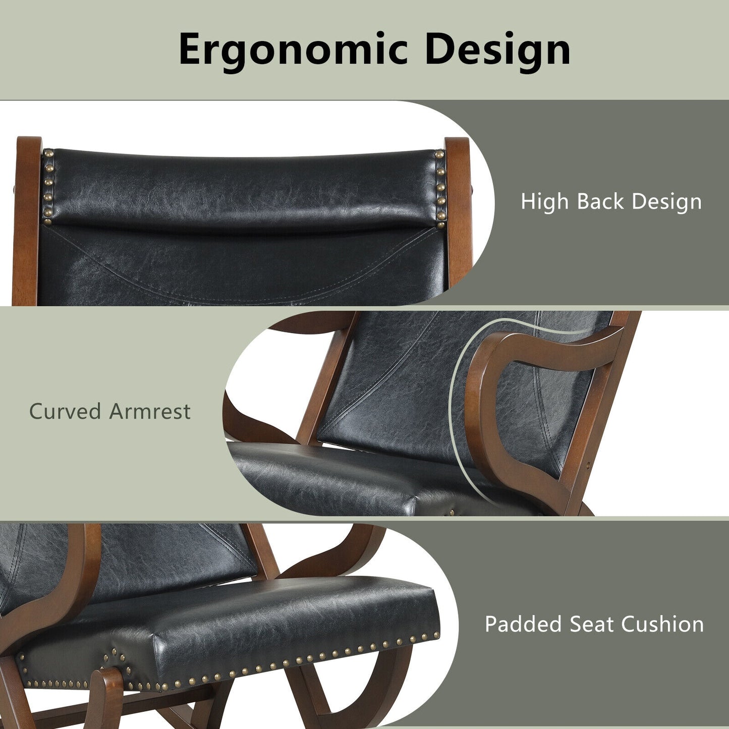 Comfortable Rocking Chair with PU Cushion and Durable Rubber Wood Frame