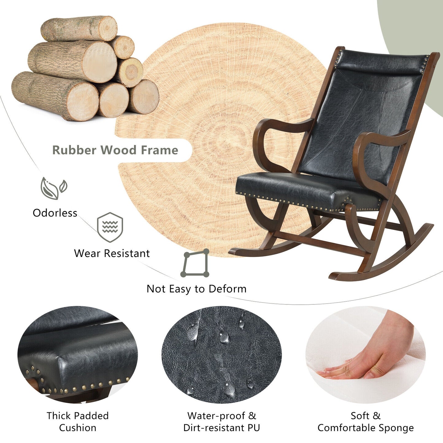 Comfortable Rocking Chair with PU Cushion and Durable Rubber Wood Frame