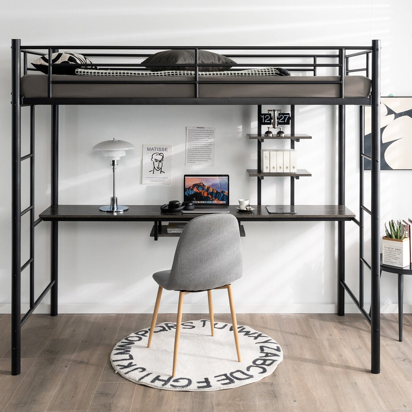 Multifunctional Twin Loft Bed with Desk, Storage Shelves, and Full-Length Ladders