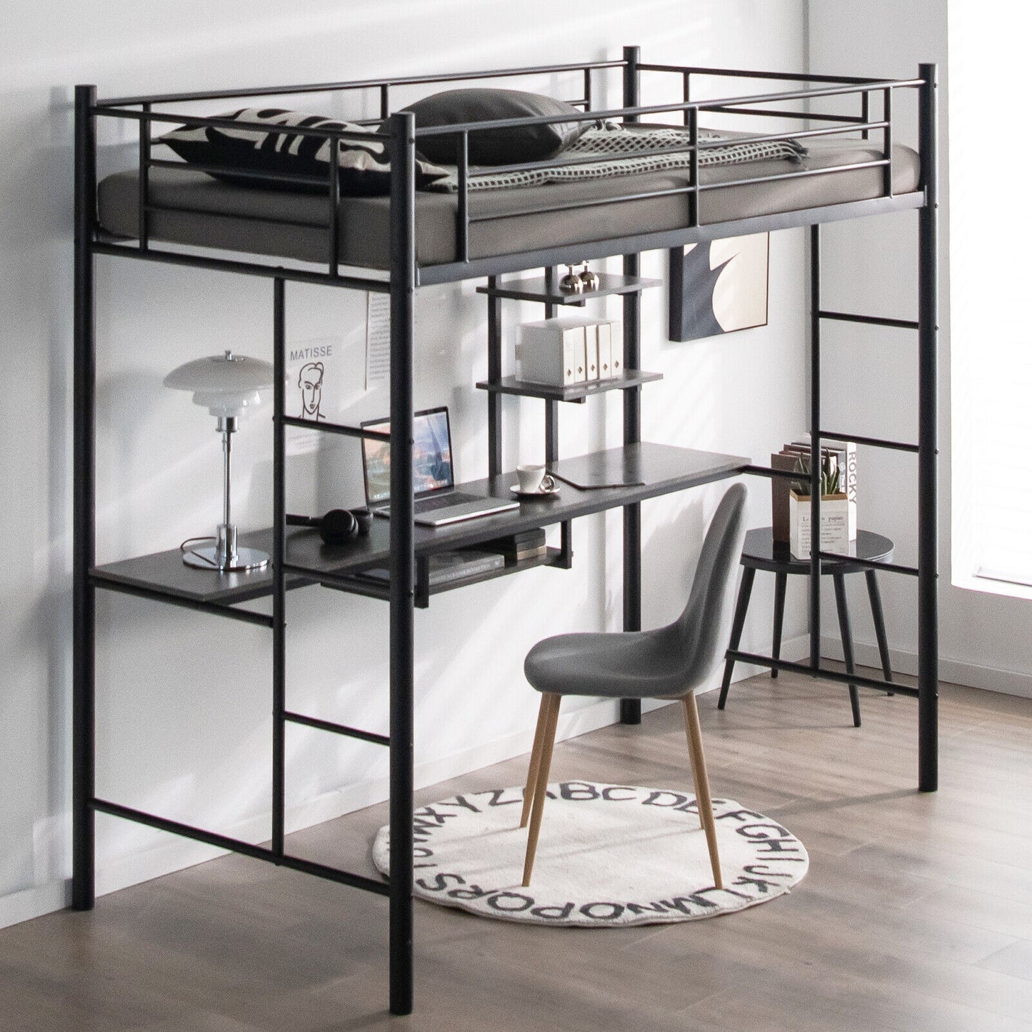 Multifunctional Twin Loft Bed with Desk, Storage Shelves, and Full-Length Ladders