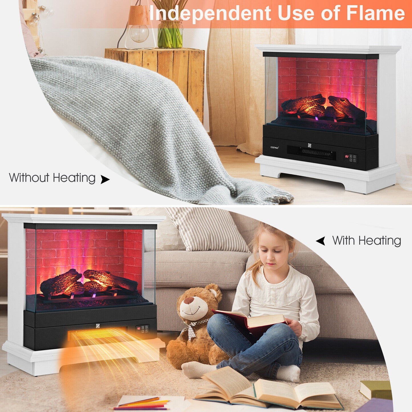 27" Freestanding Electric Fireplace with 3 Level Flame Effect & Adjustable Thermostat