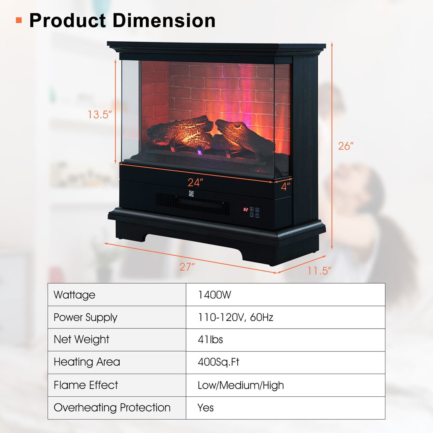 27" Freestanding Electric Fireplace with 3 Level Flame Effect & Adjustable Thermostat