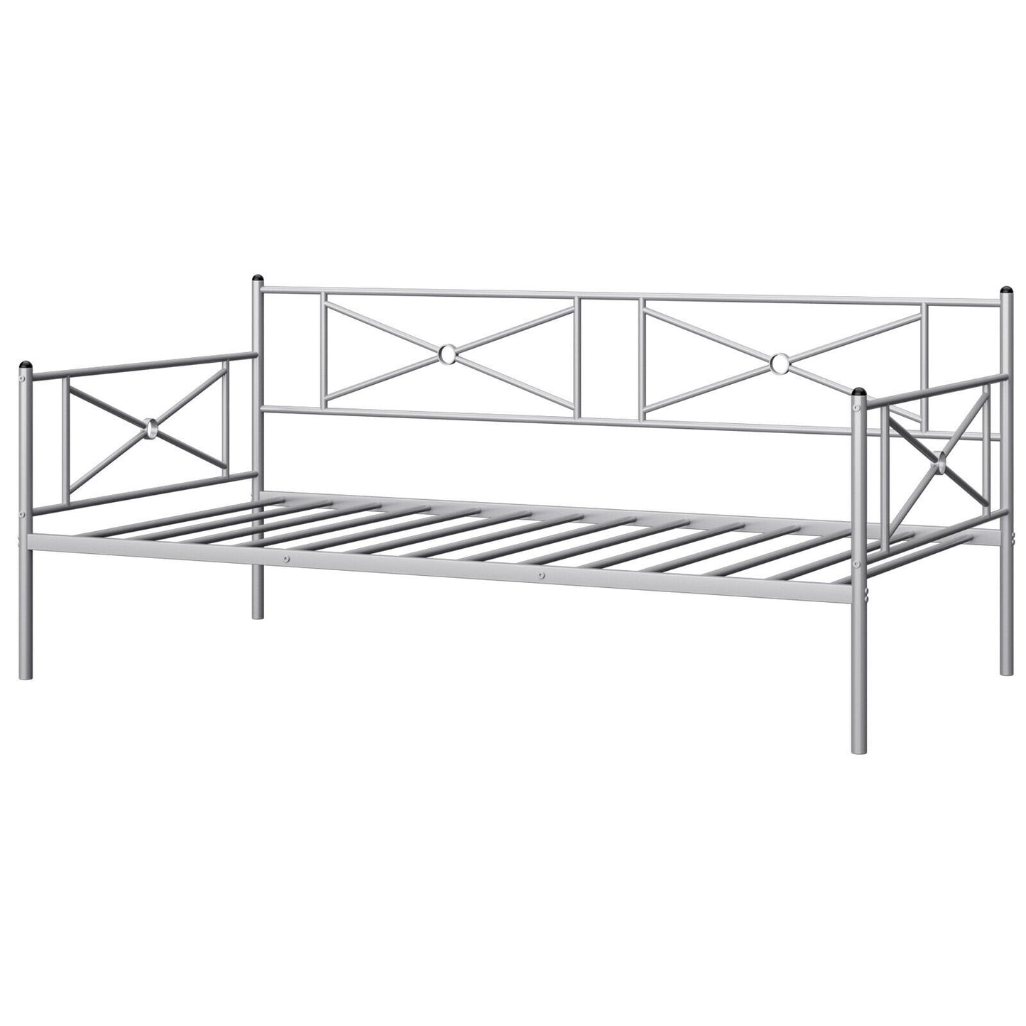 Twin Size Metal Daybed Frame with Steel Slats and Decorative Headboard for Sofa or Guest Bed Use – Silver