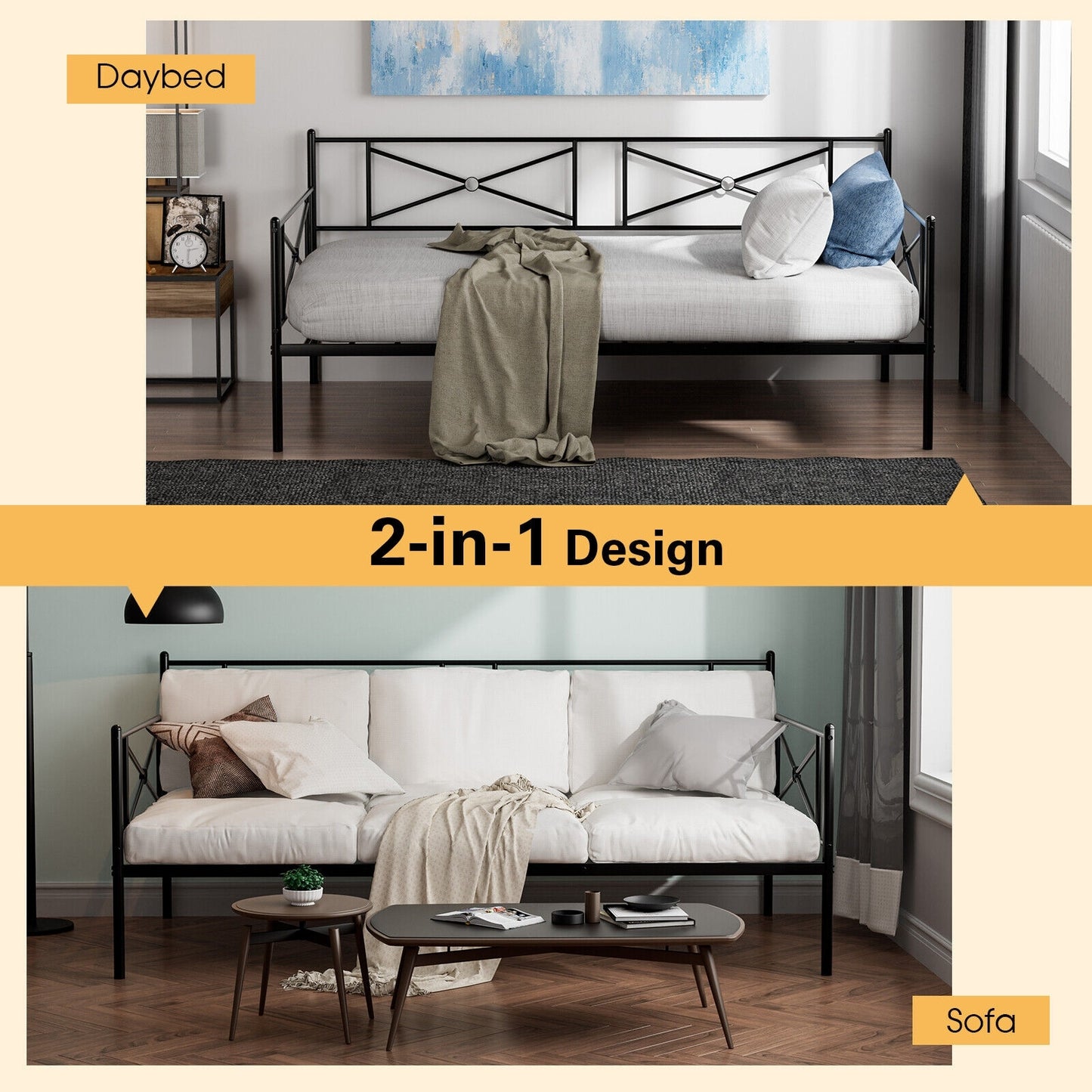 Twin Size Metal Daybed Frame with Steel Slats and Decorative Headboard for Sofa or Guest Bed Use – Black