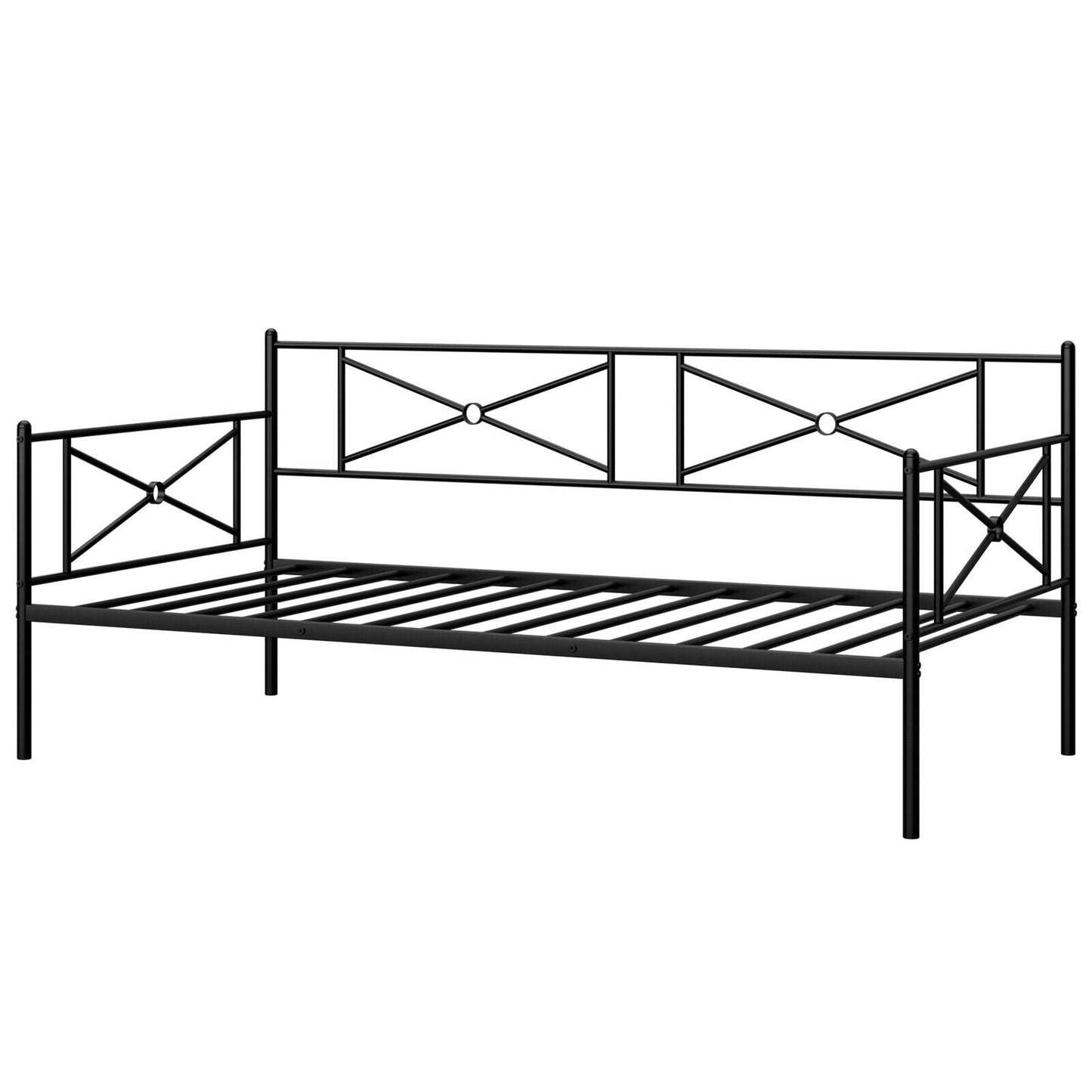 Twin Size Metal Daybed Frame with Steel Slats and Decorative Headboard for Sofa or Guest Bed Use – Black