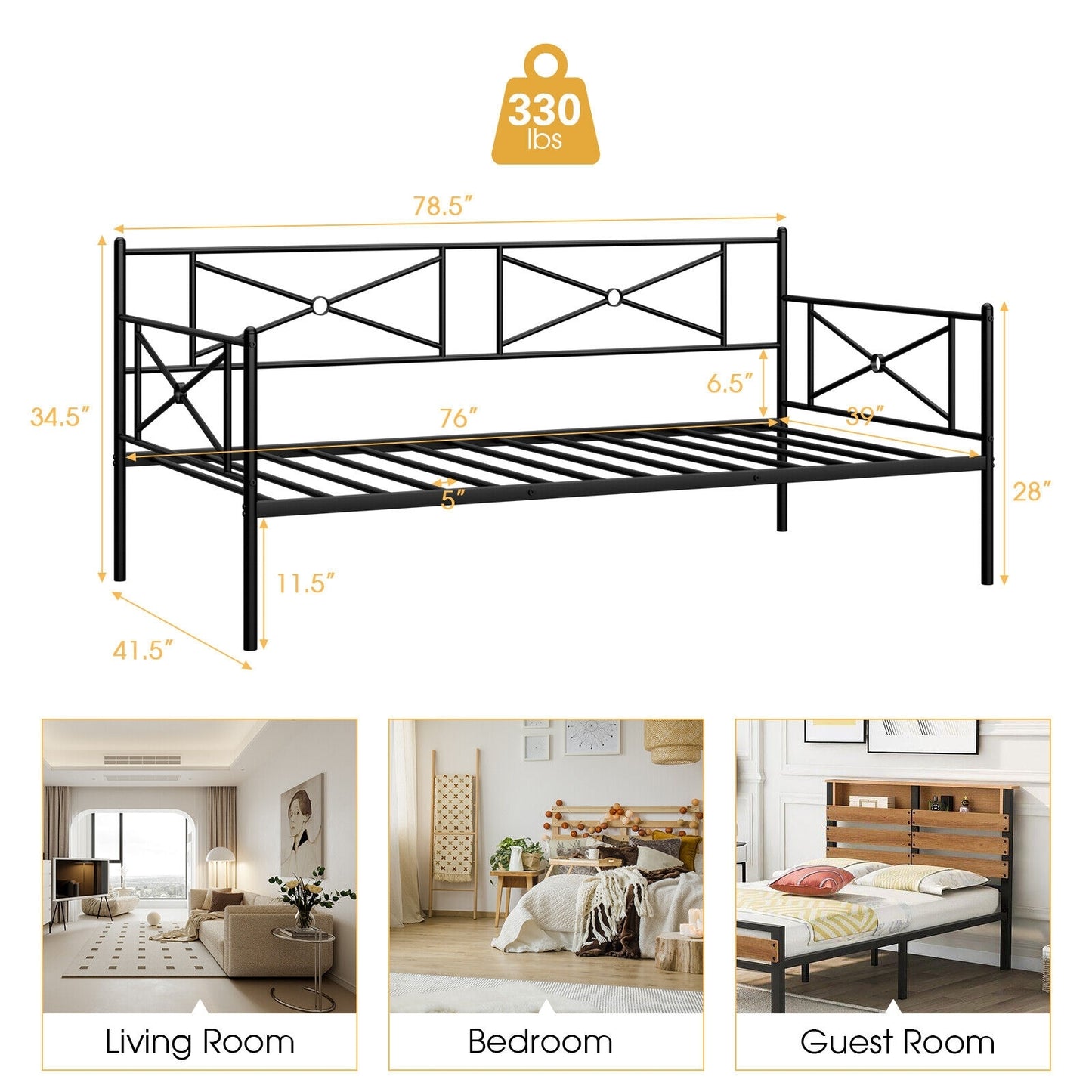 Twin Size Metal Daybed Frame with Steel Slats and Decorative Headboard for Sofa or Guest Bed Use – Black