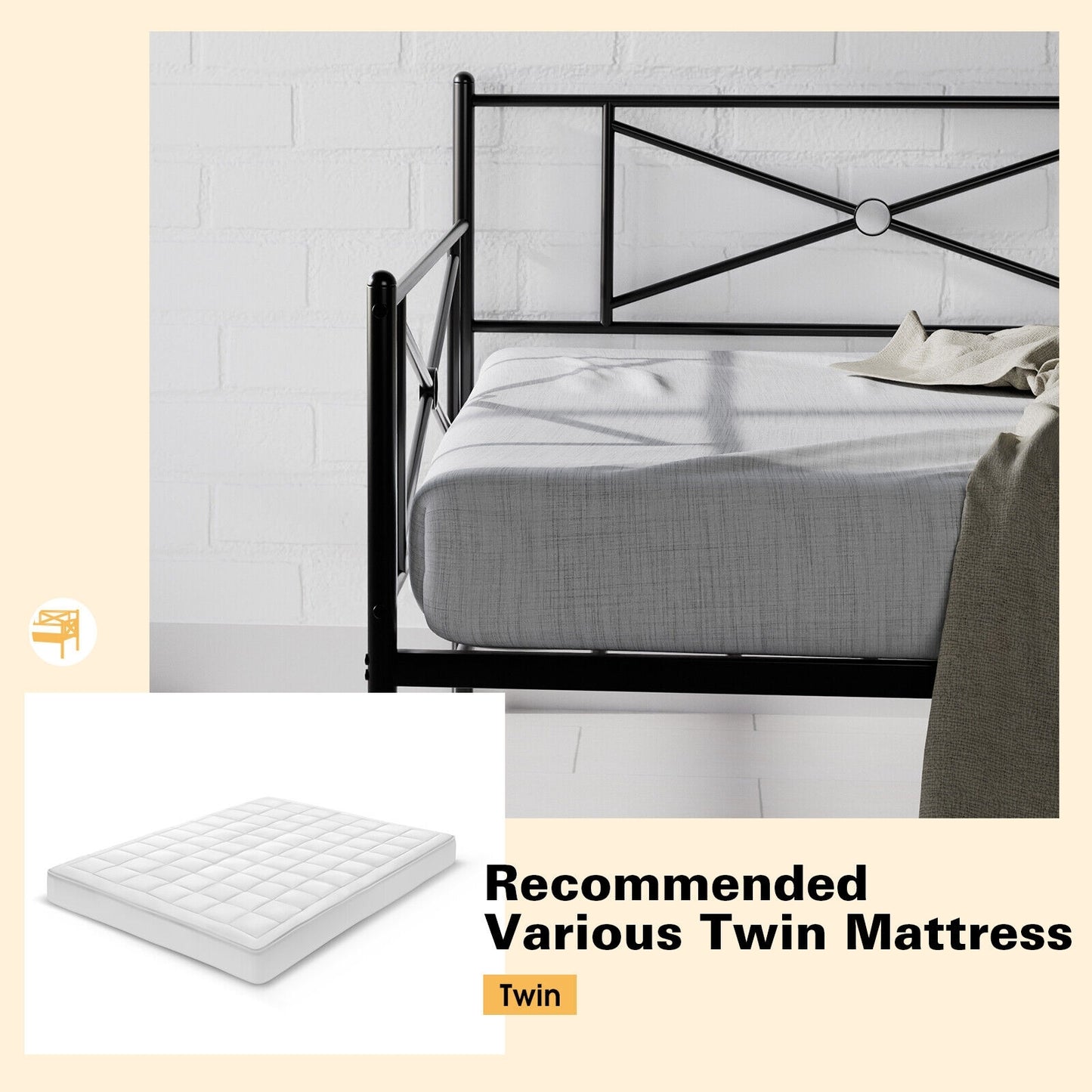 Twin Size Metal Daybed Frame with Steel Slats and Decorative Headboard for Sofa or Guest Bed Use – Black