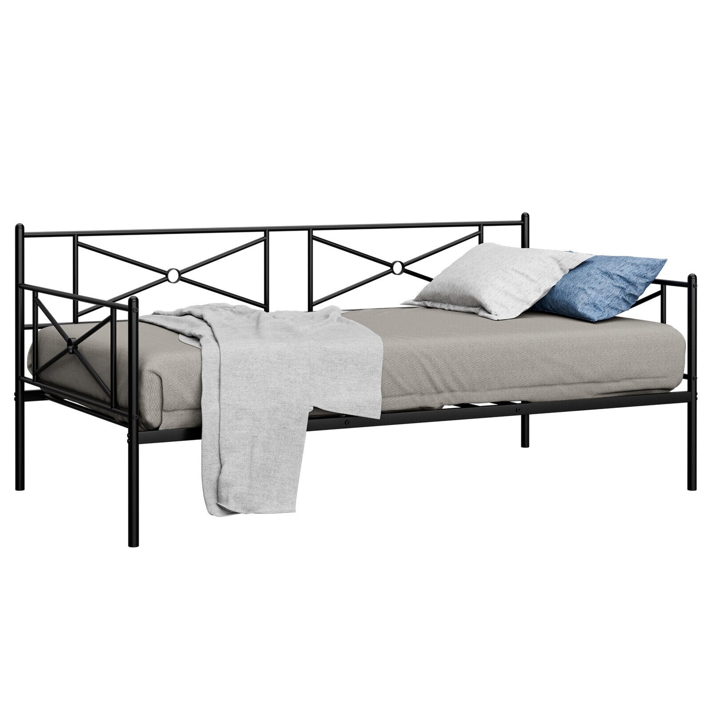 Twin Size Metal Daybed Frame with Steel Slats and Decorative Headboard for Sofa or Guest Bed Use – Black