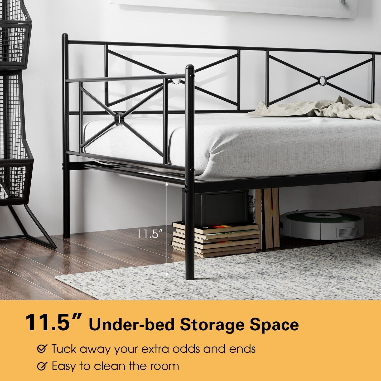 Twin Size Metal Daybed Frame with Steel Slats and Decorative Headboard for Sofa or Guest Bed Use – Black
