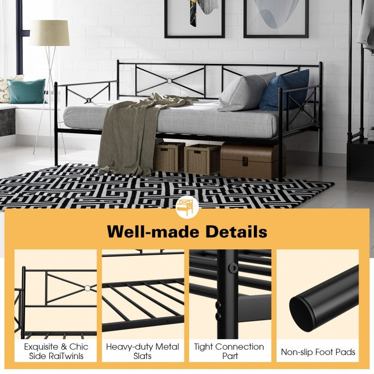 Twin Size Metal Daybed Frame with Steel Slats and Decorative Headboard for Sofa or Guest Bed Use – Black