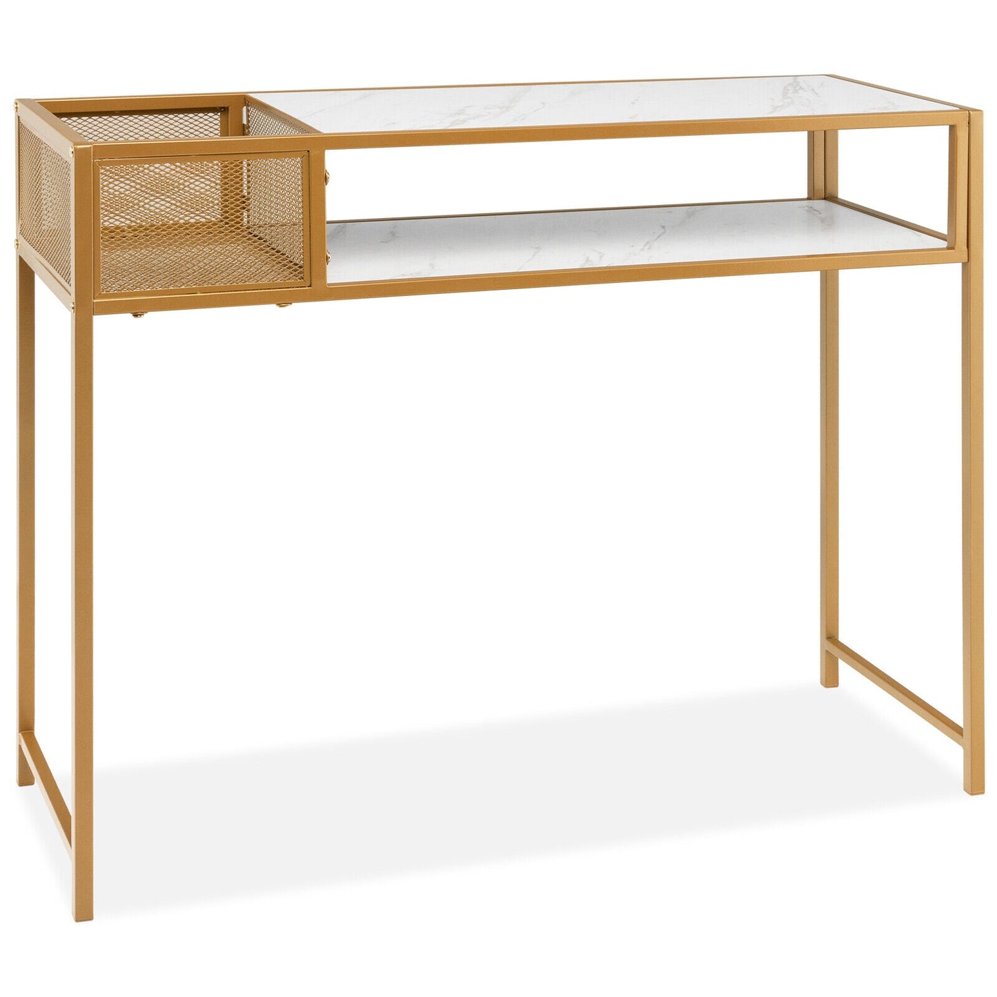 43.5 Inch Console Table with Faux Marble Top, Open Shelf and Wire Basket