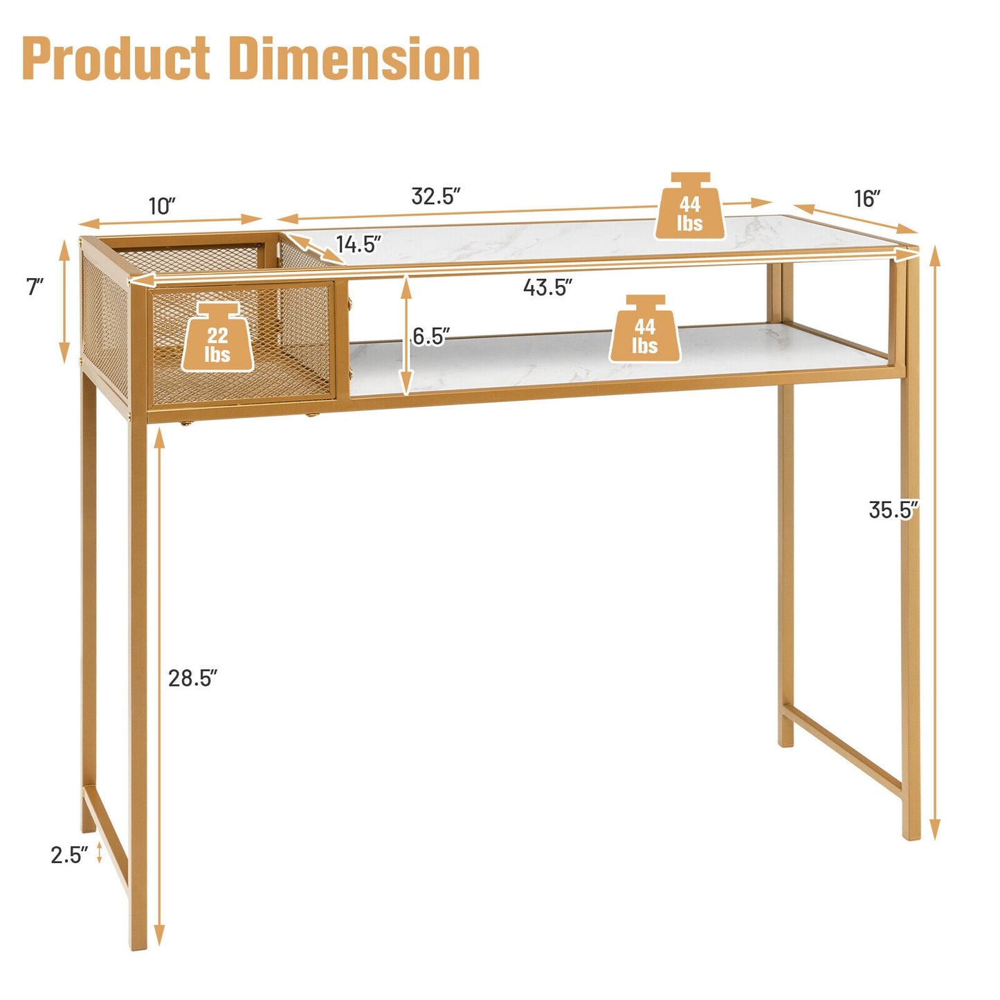 43.5 Inch Console Table with Faux Marble Top, Open Shelf and Wire Basket