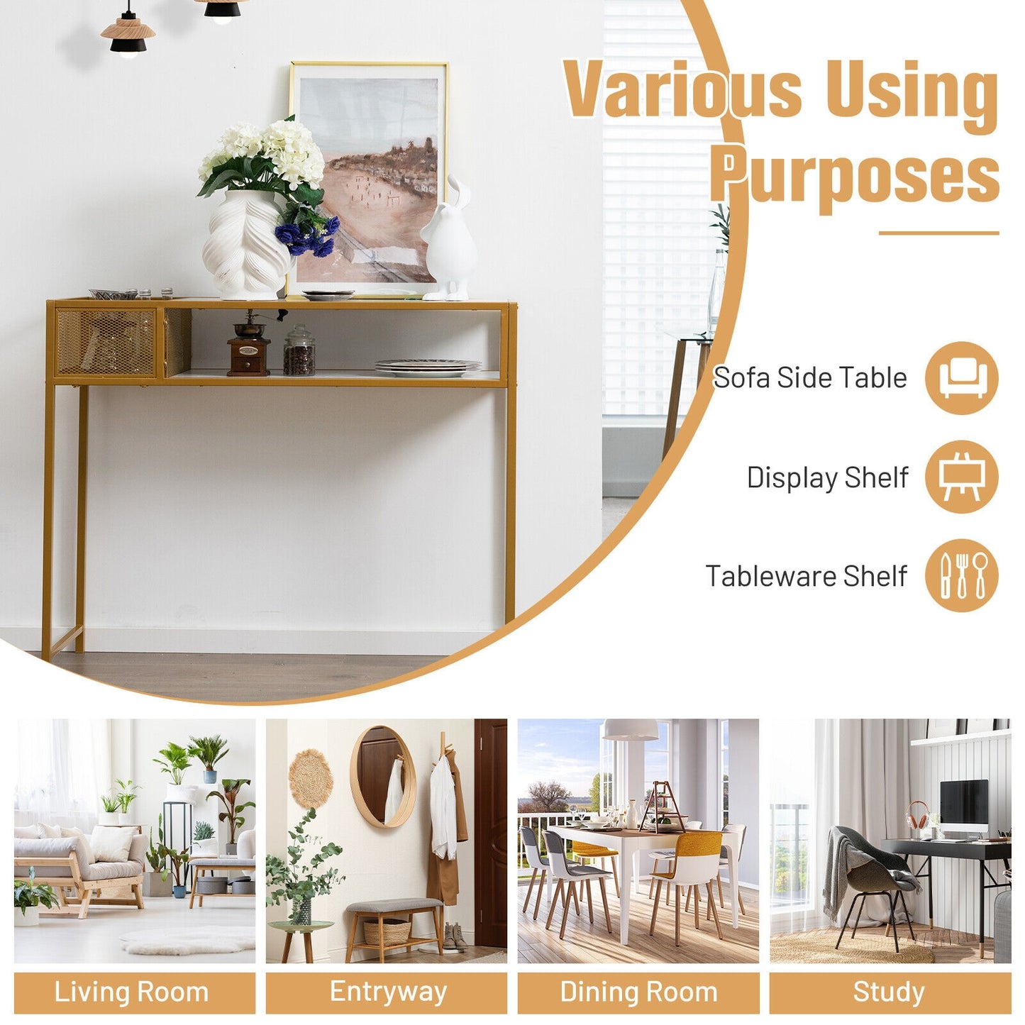 43.5 Inch Console Table with Faux Marble Top, Open Shelf and Wire Basket