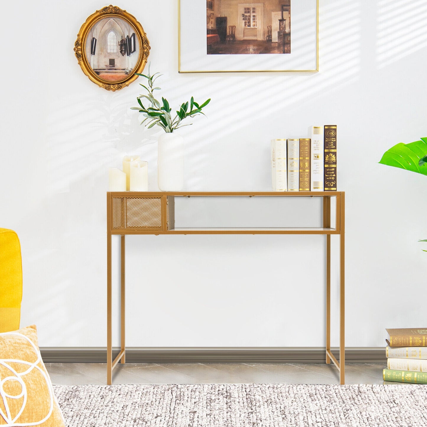 43.5 Inch Console Table with Faux Marble Top, Open Shelf and Wire Basket