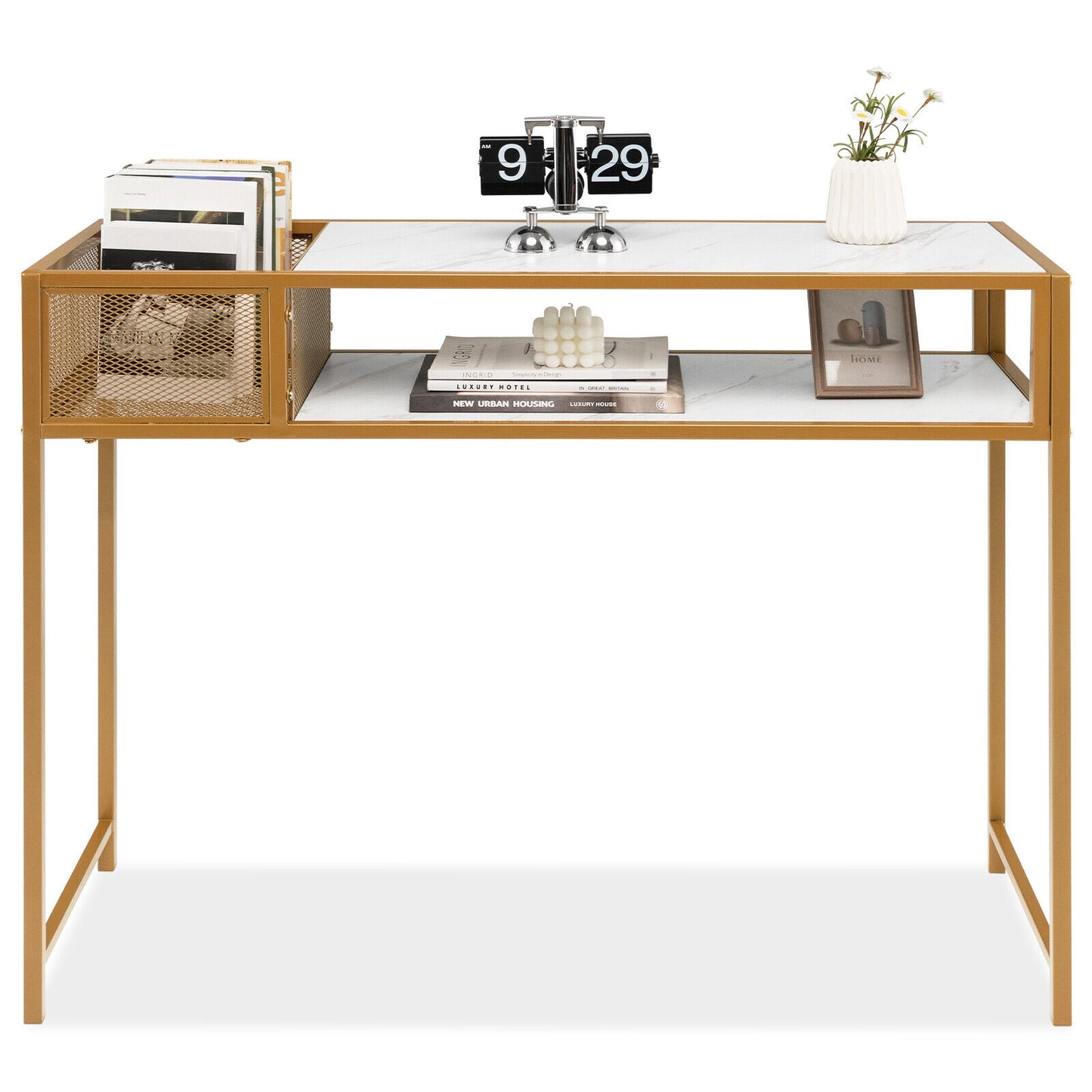 43.5 Inch Console Table with Faux Marble Top, Open Shelf and Wire Basket