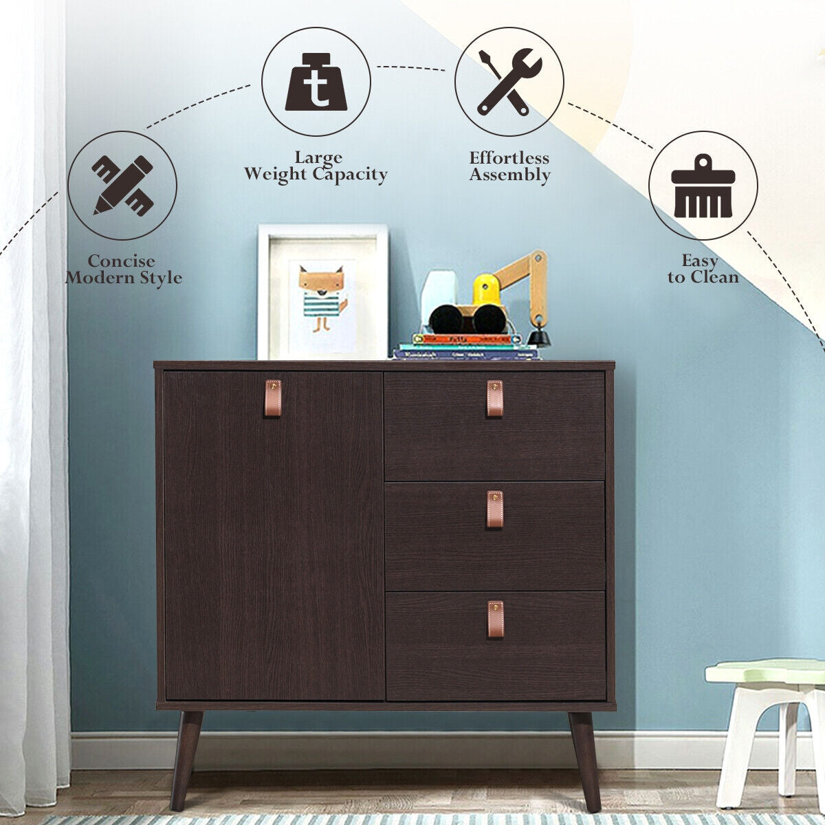3-Drawer Storage Cabinet with Display Shelves, Modern Sideboard Organizer