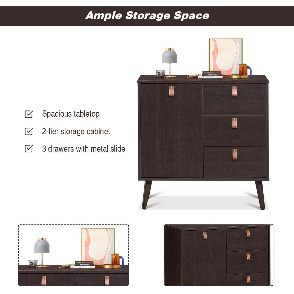 3-Drawer Storage Cabinet with Display Shelves, Modern Sideboard Organizer