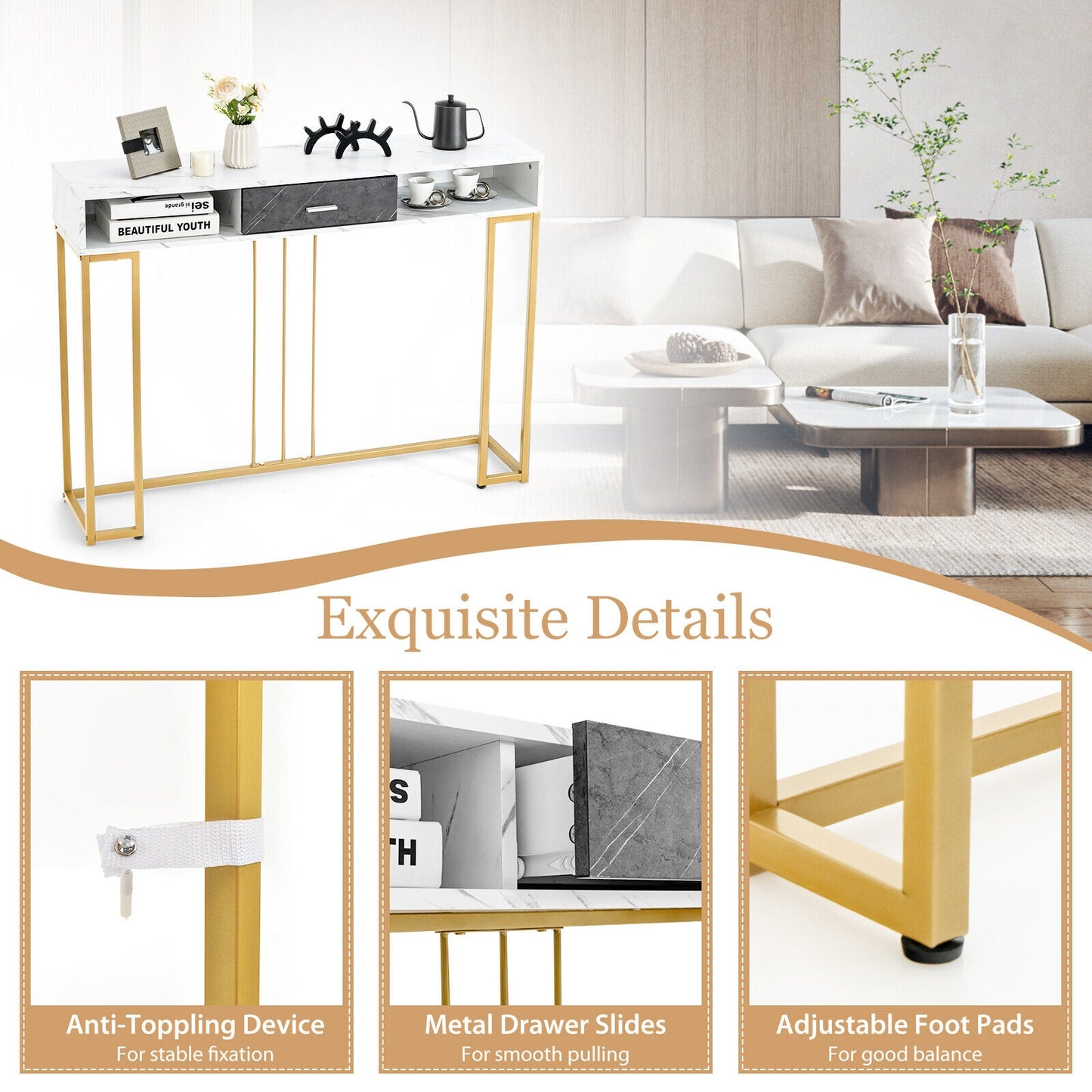 Slim Narrow Sofa Table for Living Room Entryway or Hallway