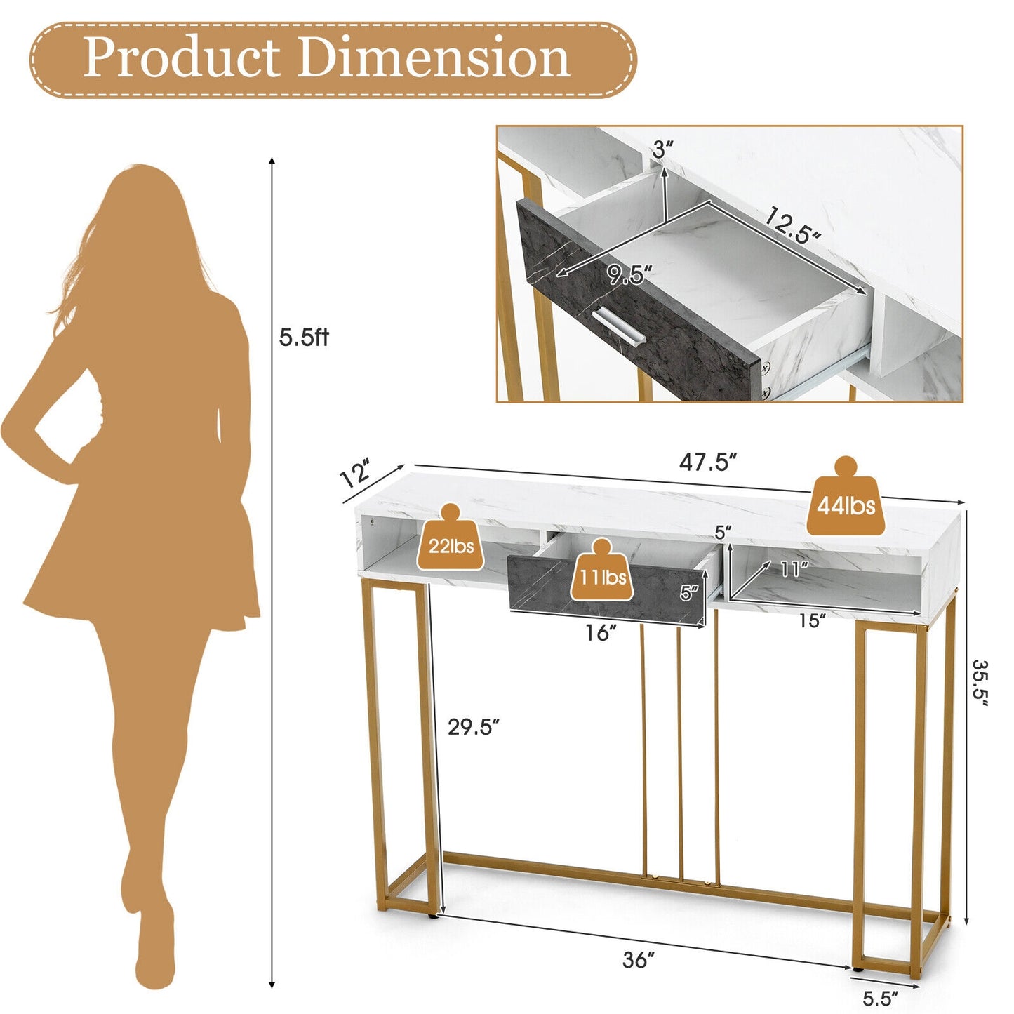 Slim Narrow Sofa Table for Living Room Entryway or Hallway