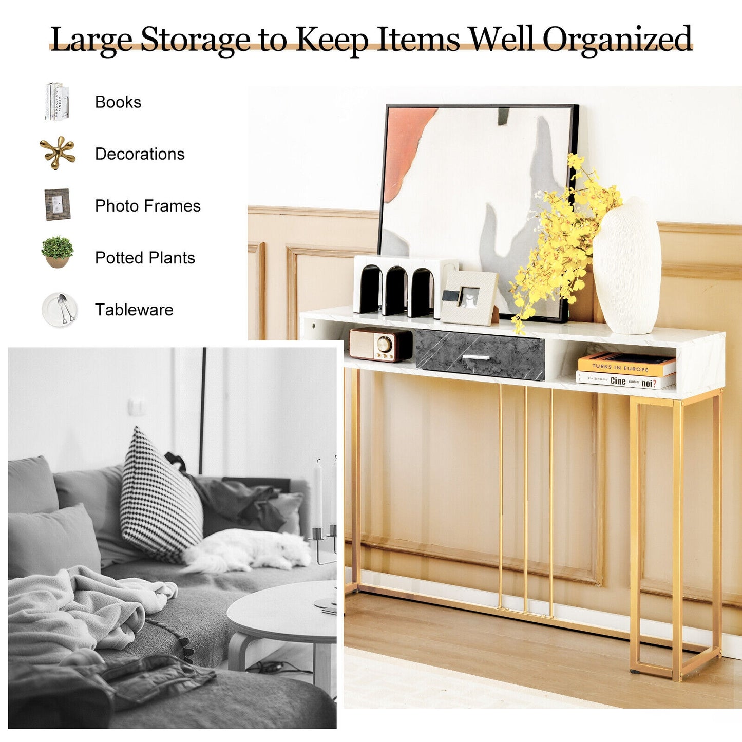 Slim Narrow Sofa Table for Living Room Entryway or Hallway