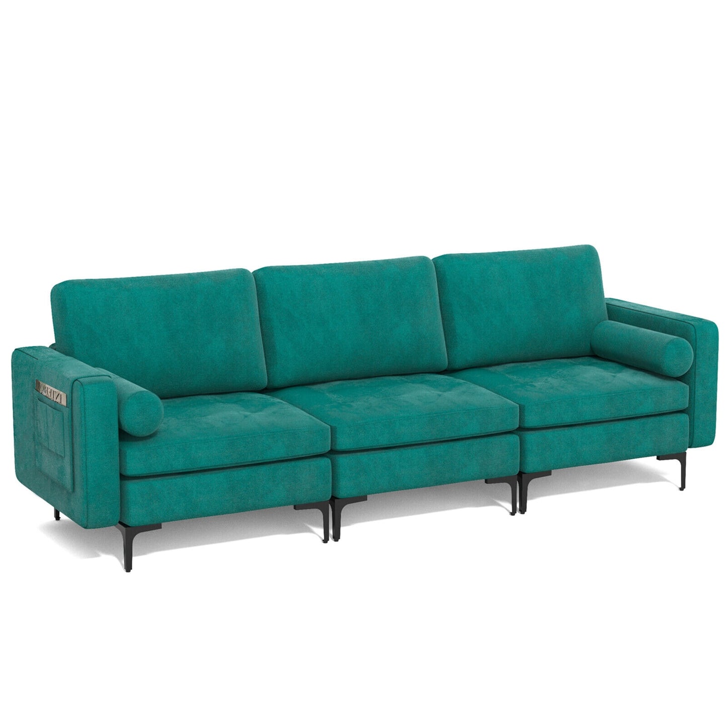 3 Seater Sofa Couch with Storage Pocket and Metal Legs, Teal Suede Upholstery