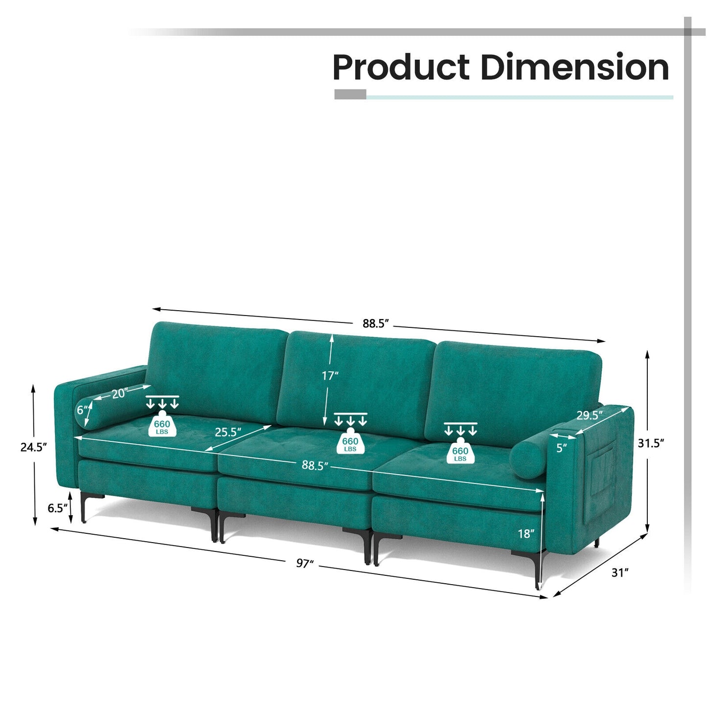 3 Seater Sofa Couch with Storage Pocket and Metal Legs, Teal Suede Upholstery