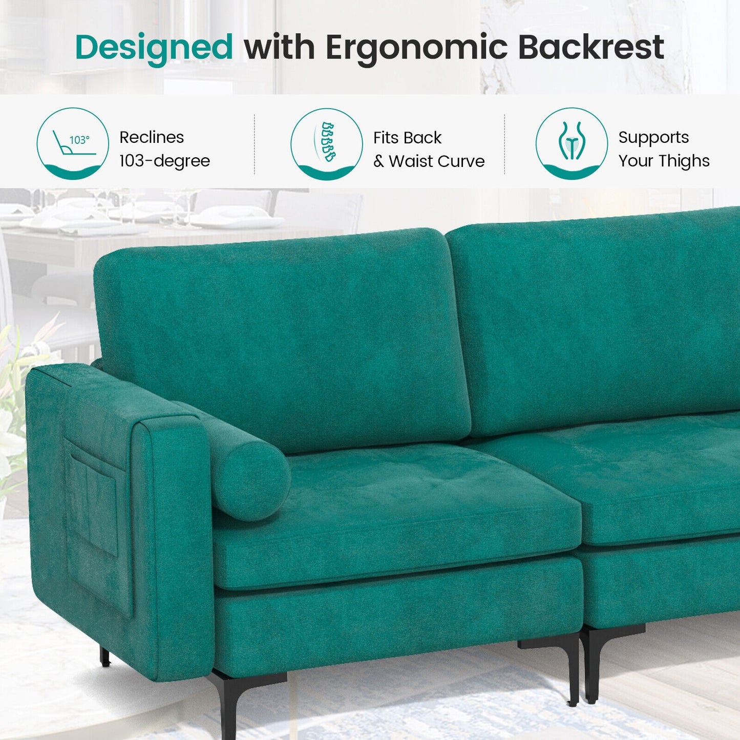 3 Seater Sofa Couch with Storage Pocket and Metal Legs, Teal Suede Upholstery