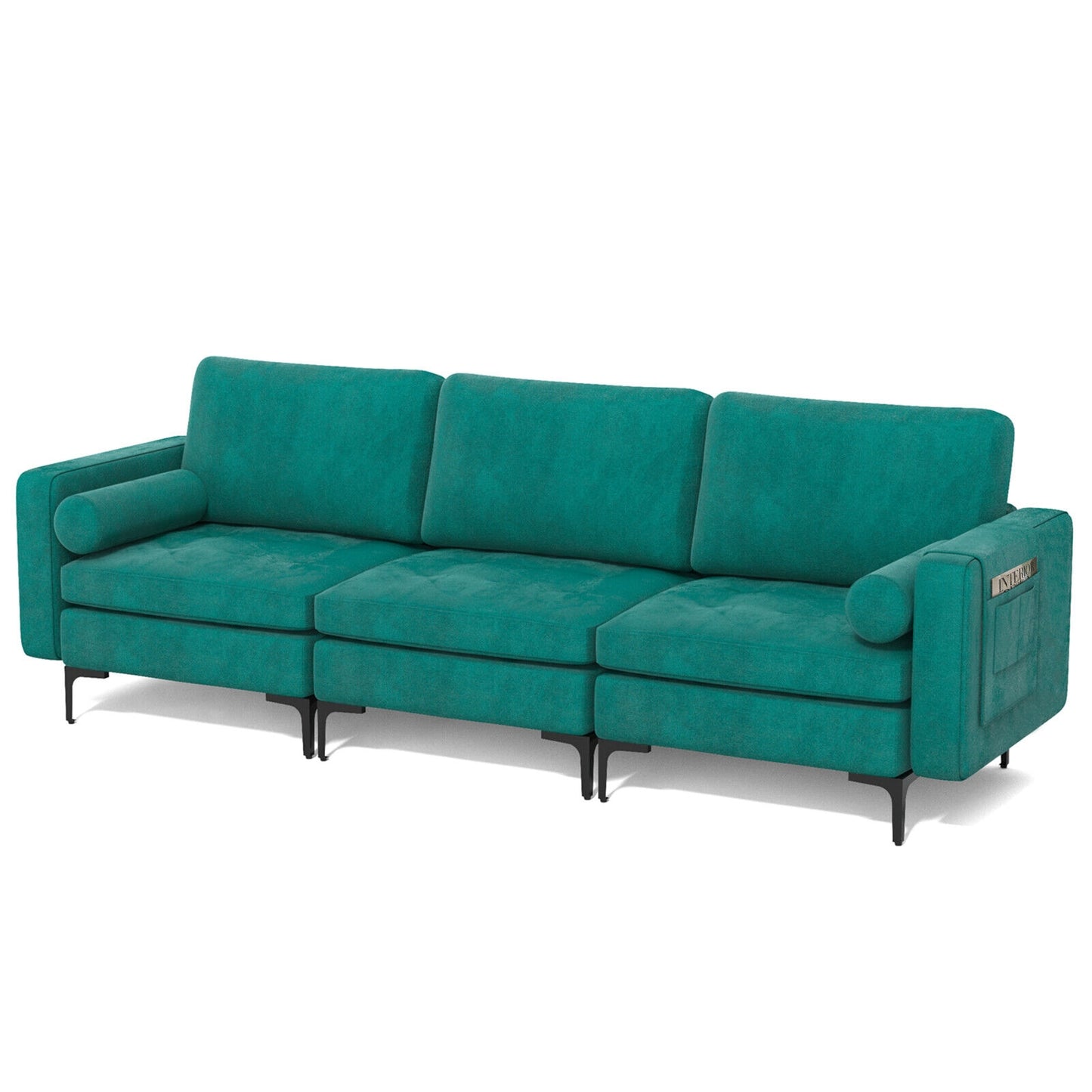 3 Seater Sofa Couch with Storage Pocket and Metal Legs, Teal Suede Upholstery