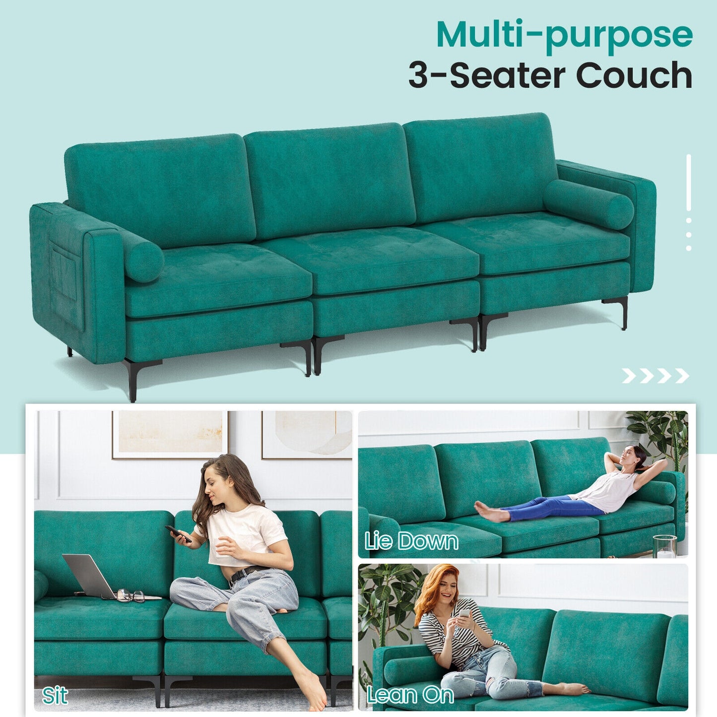 3 Seater Sofa Couch with Storage Pocket and Metal Legs, Teal Suede Upholstery