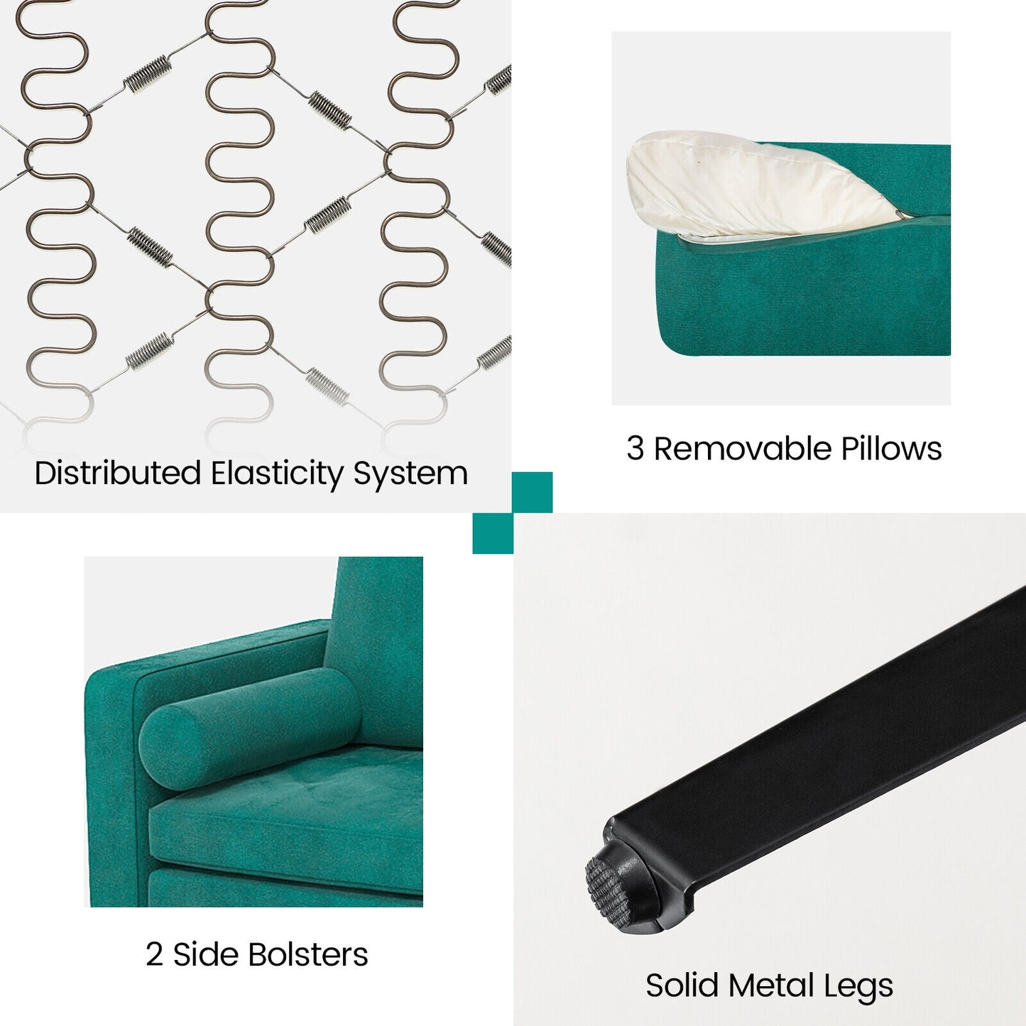 3 Seater Sofa Couch with Storage Pocket and Metal Legs, Teal Suede Upholstery