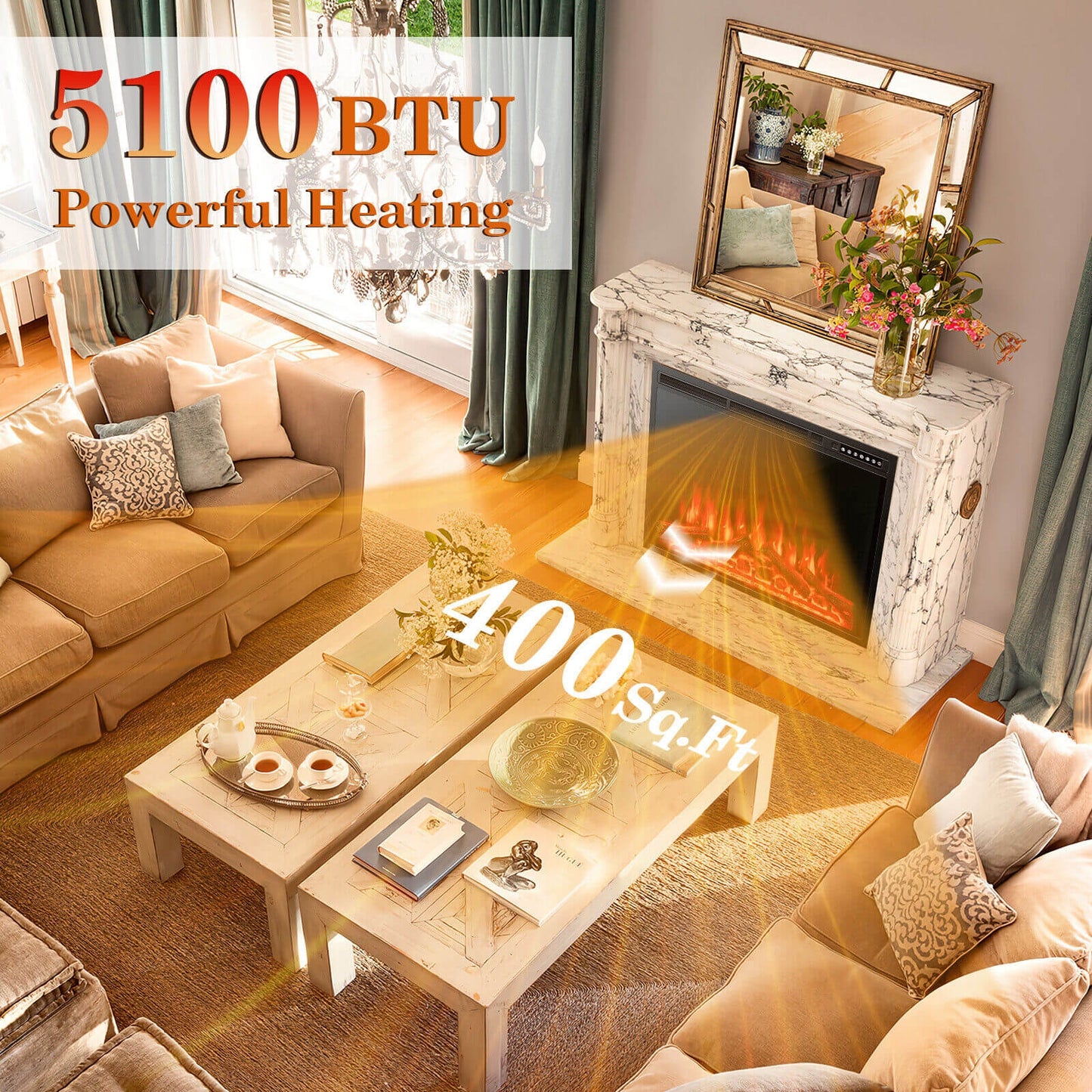 34" & 37" Recessed Electric Fireplace with Adjustable Flames & Customizable Heat Settings